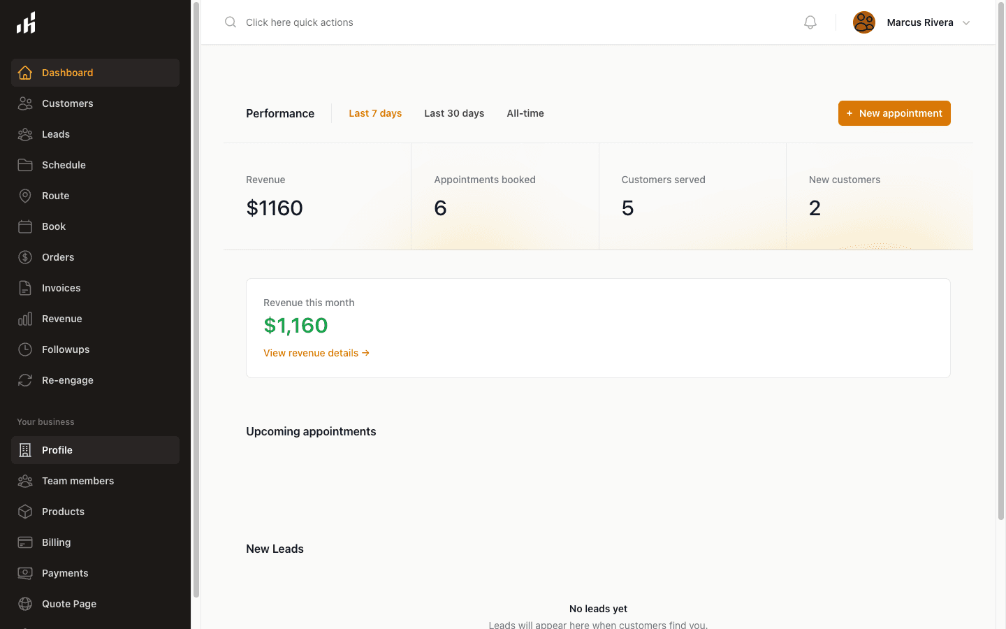Lawn care software dashboard showing today's route and revenue