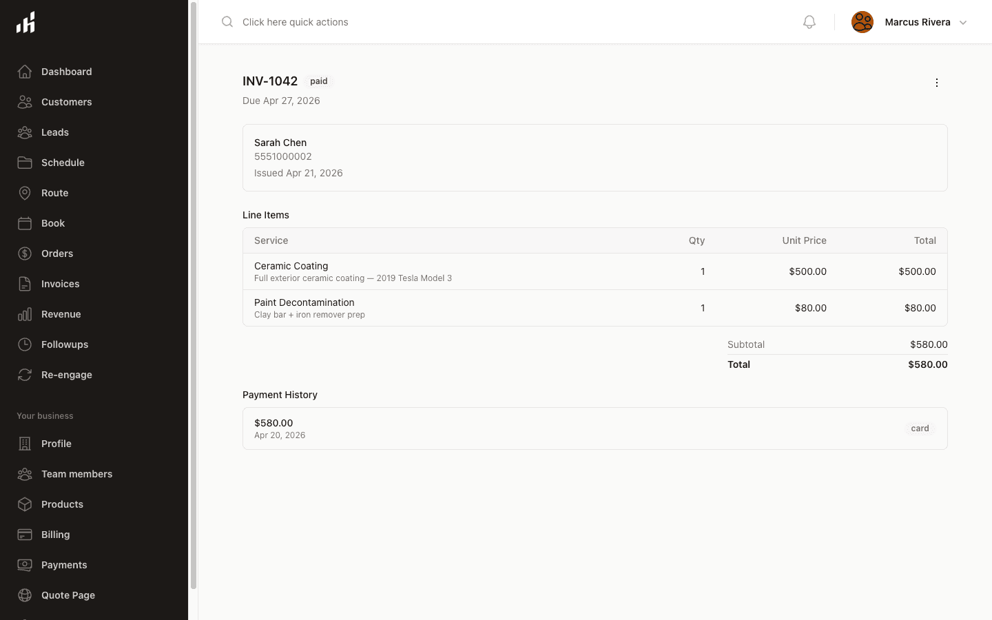 Lawn care invoice ready to send via SMS