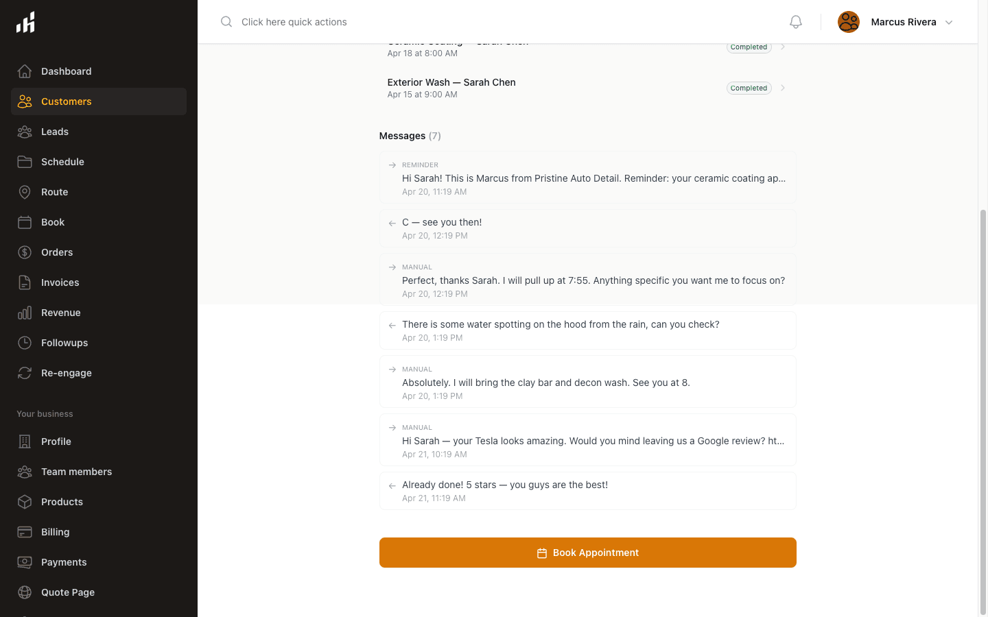 SMS reminder thread between a lawn care operator and a customer